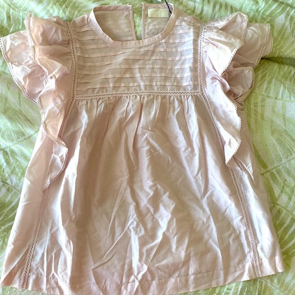 Ruffle front top with lace inserts in cream pink. 7 for all mankind (M). - Picture 2 of 5